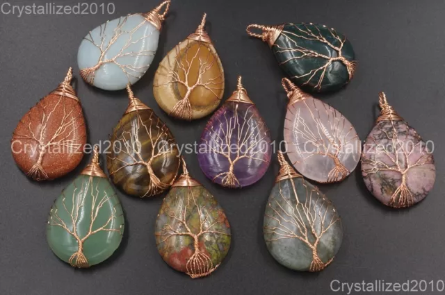 Natural Gemstones Tree Life Drop Reiki Chakra Healing Pendant Beads Rose Gold