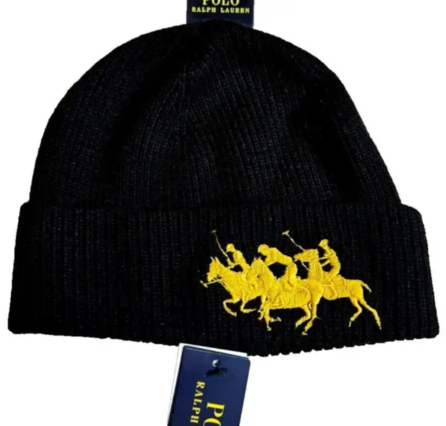 Polo Ralph Lauren Lunar New Year Wool Blend Beanie Triple Pony Black Gold NWT