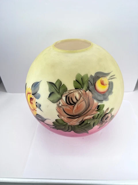 Vtg  11" Yellow Roses Milk Glass Gwtw Oil Lamp Ball Globe Shade 3" Fitter Rayo
