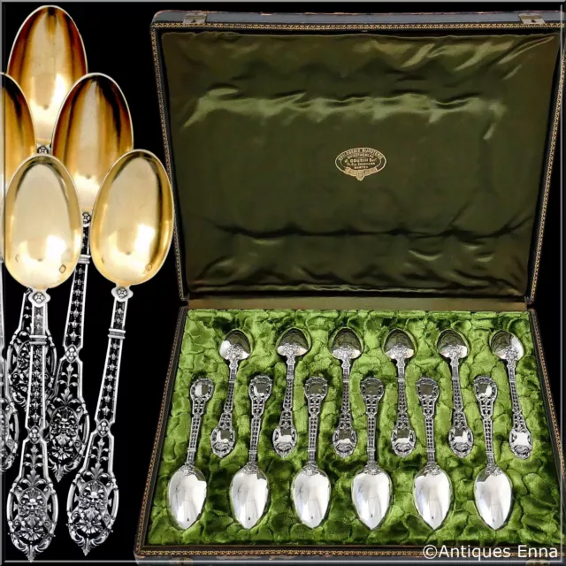 Puiforcat French Sterling Silver 18k Gold Coffee Spoons Set 12 Pc, Box, Mascaron