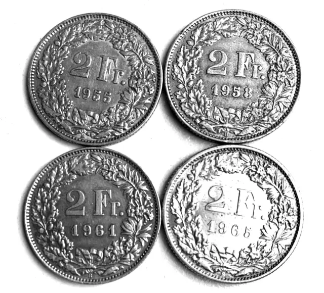 Suisse lot 4 monnaies 2 Francs 1955 1958 1961 1965 argent  2 Fr Helvetia debout