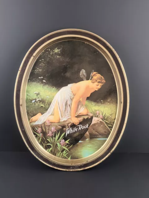 VTG White Rock Beverages Tin Advertising Tray Winged Nymph Fairy 14.5”x11.5” USA