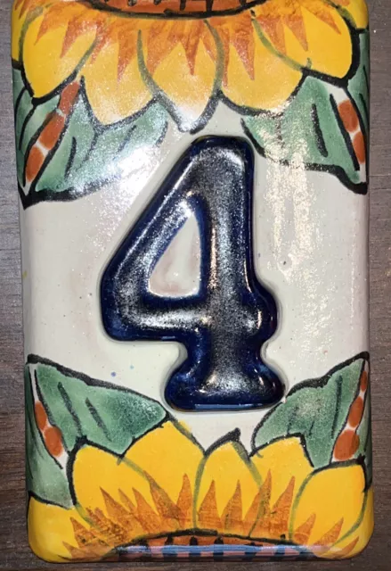 Talavera Tile House Number 4 Sunflower Design Raised Mexico Ceramic Handmade 3D