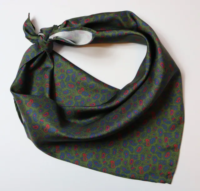 Silk Neckerchief, cravat. Green, red & blue Paisley 32" square. Hand made.