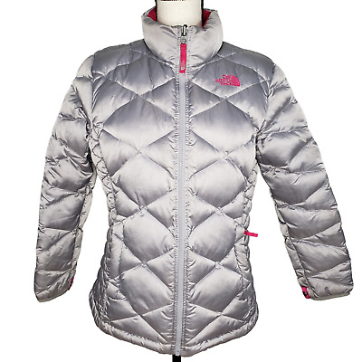 The North Face Girls XL Puffer Jacket 550 Down Fill Quilted Zip Gray Silver Pink