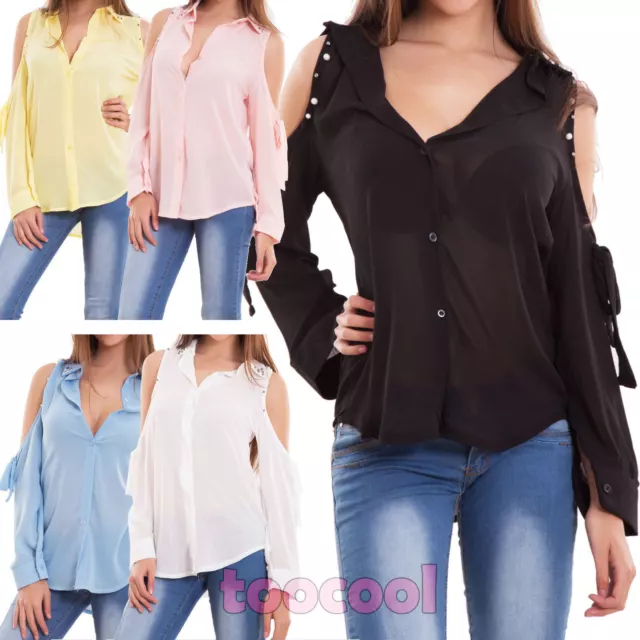 Camicia donna maglia velata spalle scoperte fiocco perline borchie nuova CJ-2498