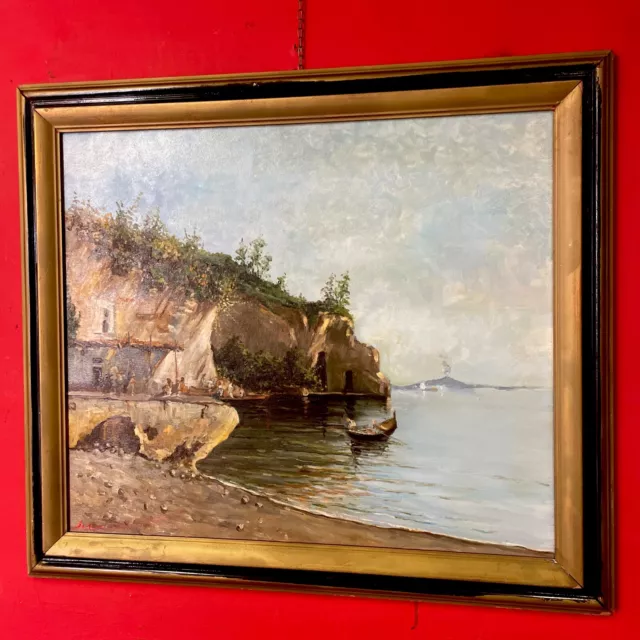 quadro dipinto a olio su tela paesaggio napoli con cornice in stile antico 900 3