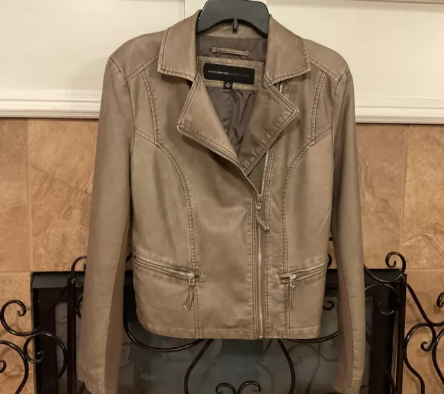 Marc New York Andrew Marc Women’s Taupe Faux Leather Moto Jacket Med Zip Front