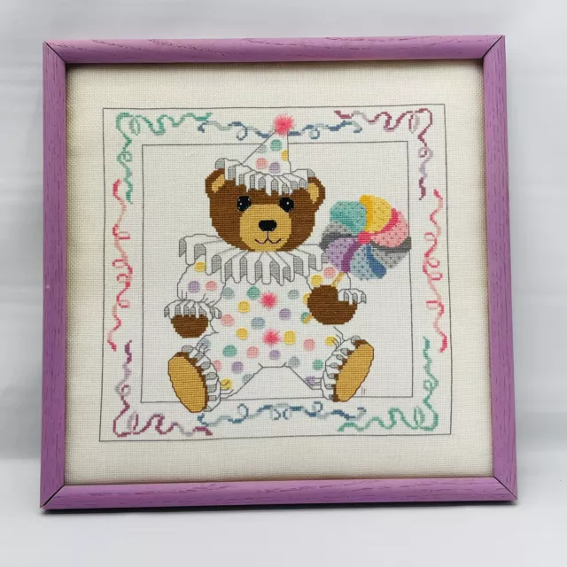 Framed Cross Stitch Teddy Bear Clown Nursery Kids Decor 1980s 15” X 15” READ