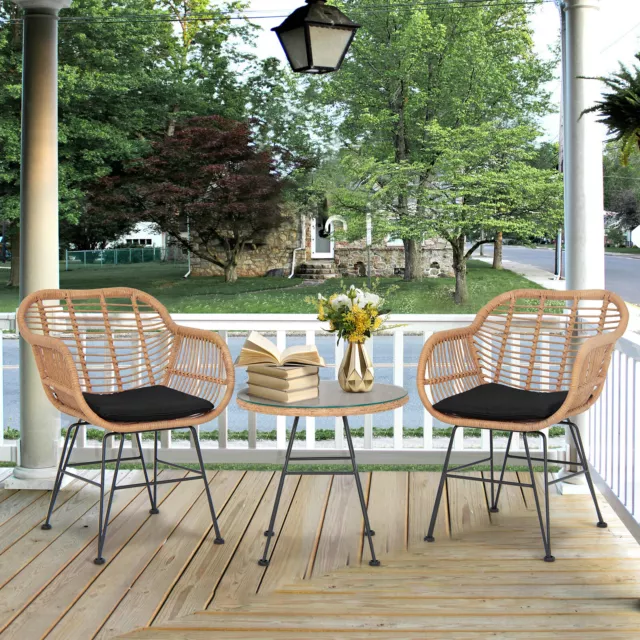 3Pcs Outdoor Garden  PE Rattan Conversation Furniture Bistro Table Chairs Set