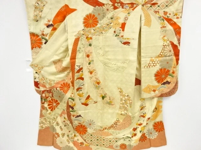 46883# Japanese Kimono / Antique Furisode / Embroidery / Floral Plants & Nos