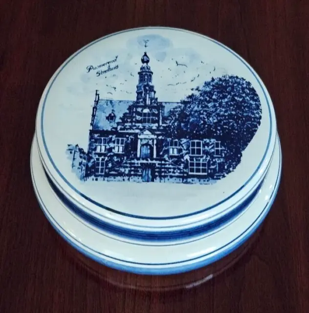 Vintage Trinket Box-Delft Hand Painted Round w/lid - made in Holland