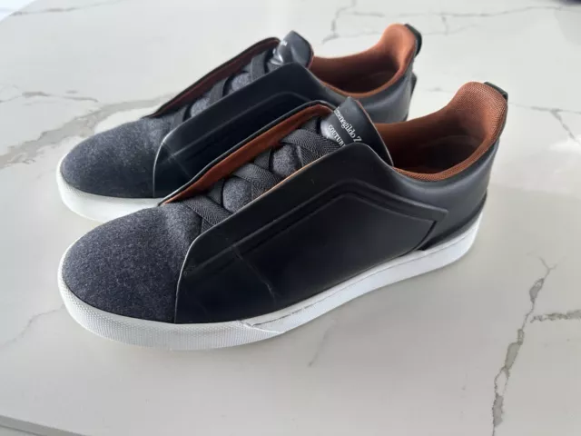 Zegna couture XXX triple stitch black leather and grey flannel sneakers