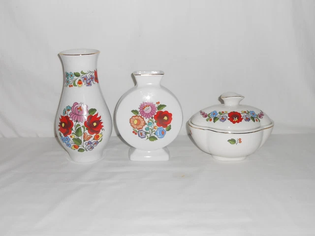 3 Pieces of Vintage Hand Painted Kalocsa Hungary Porcelain Vases Covered Dish