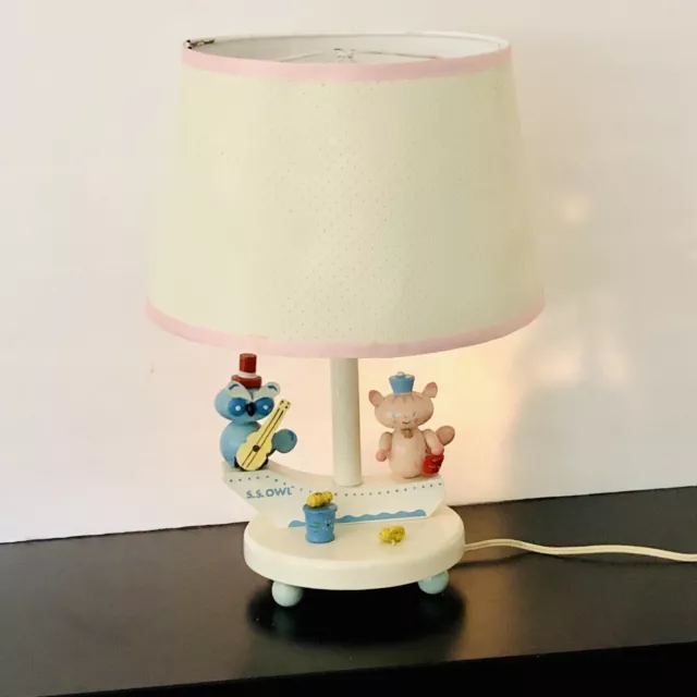Owl and the Pussycat Vintage Hand Painted Wood Nursery Lamp Night Light 14"