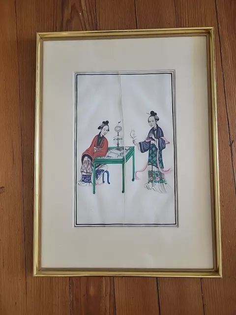 READ Antique Chinese Gouache Pith Water Color Rice Paper Framed Painting 19th C