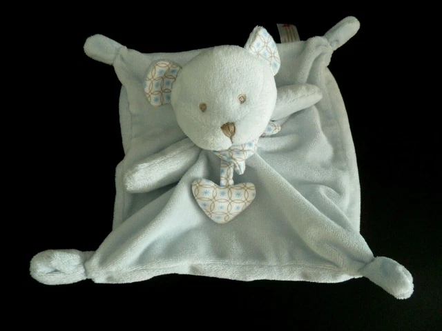 12- Doudou Plat Ours Nicotoy Bleu Blanc Carre Foulard Bandana Coeur  Etat Neuf *