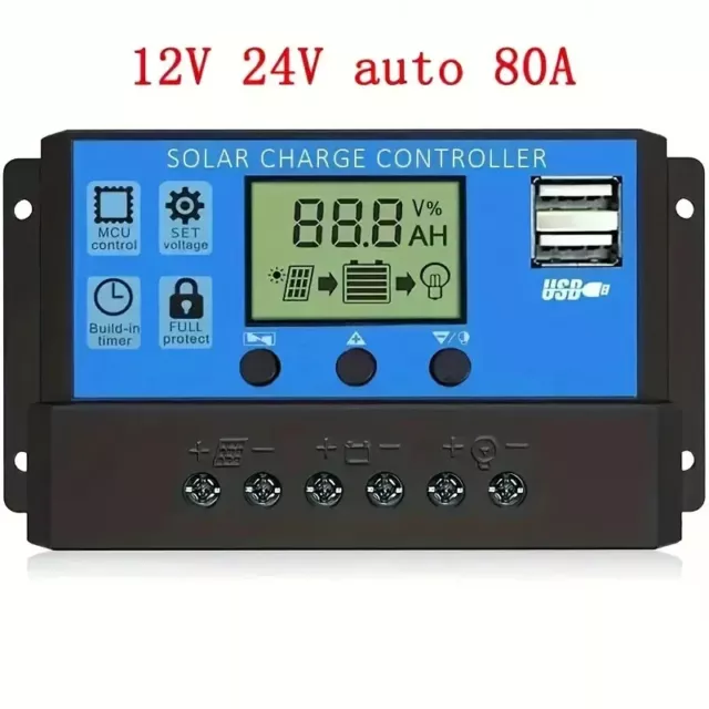 80A Panel Solar Batería Controlador de Carga 12V 24V, Doble Puerto USB, Pantalla