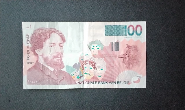 Billet De 100fr Belge James Ensor En Bon État, Craquant D'origine, 0 Epinglage