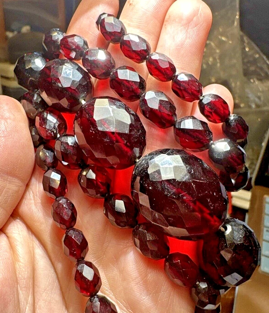 Collier Perles Bakelite Rouge/marron Ambre - Vintage, 49g, Bijou Ancien