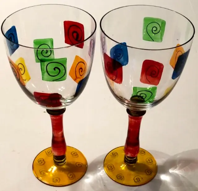 ROYAL DANUBE Set 2 Wine Water Goblets Glass Romania Vintage Hand Painted Retro B