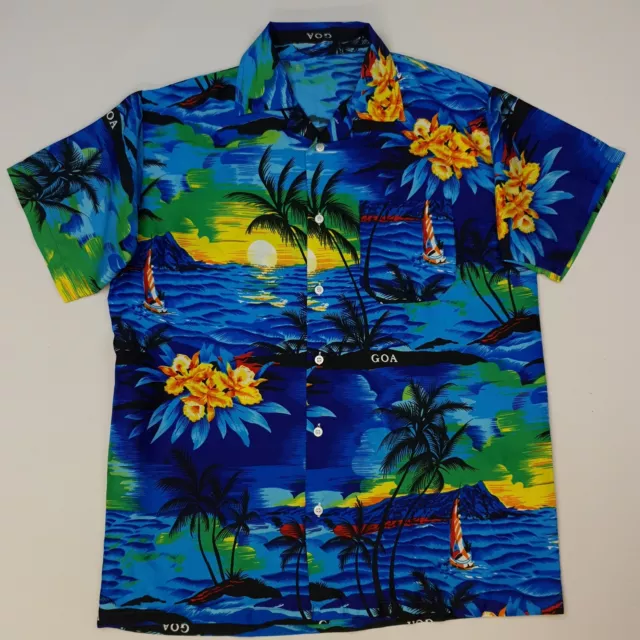 Hawaiian Shirt Hula MEDIUM Relaxed Fit Blue Mens Short Sleeve Beach Open Collar