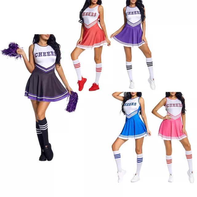 Damen Cheerleader Kostüm Verrücktes Kleid Cheerleading Uniform mit Pompoms Sock