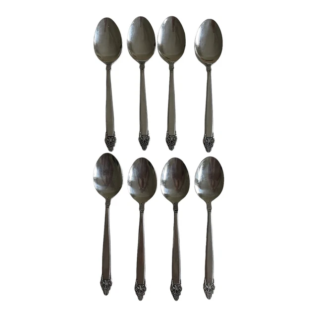Juego de 8 cucharas de sopa de acero inoxidable Wm Rogers Corea MCM pergamino floral mediados de siglo