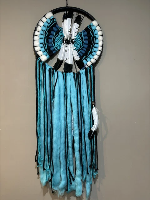 Vintage Native American Mandala Dream Catcher Fur Wool Feathers Beaded LRG 22”