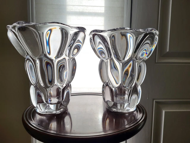 Hard to Find Pair of Vintage Art VANNES FRENCH FRANCE Large Lobed Crystal Vases