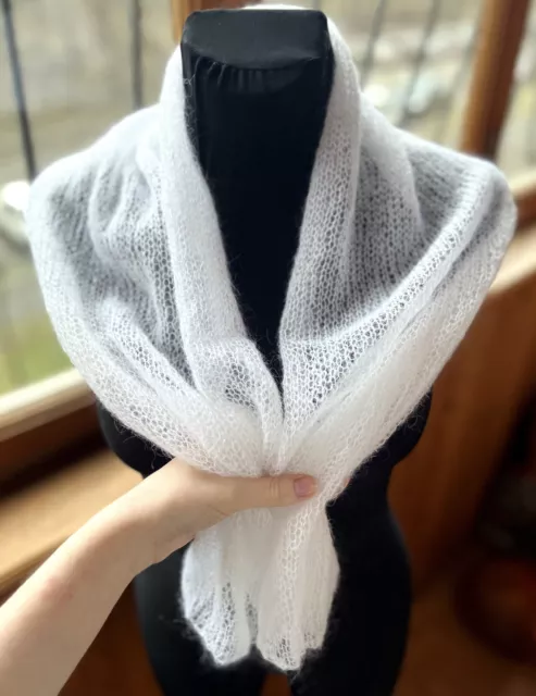Women White Knitted Fuzzy Wool Kid Mohair Scarf, Hand Knit, Light Transparent 2