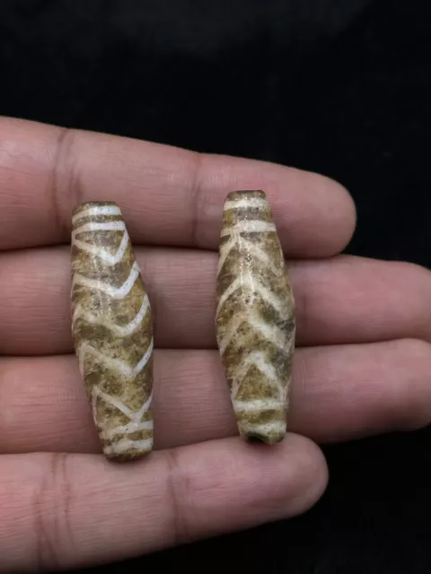 Ancient Old 2 Pieces Pyu Culture Pumtek Beads From Burma With Good Pattern