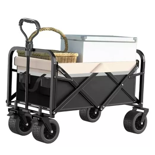 Collapsible Folding Wagon Load 330 Lbs, Heavy Duty Utility Beach Black＆khaki