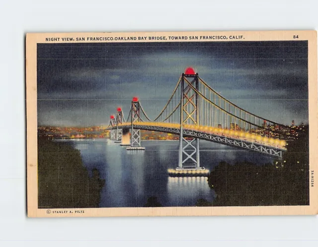 Postcard Nigh View San Francisco-Oakland Bay Bridge California USA