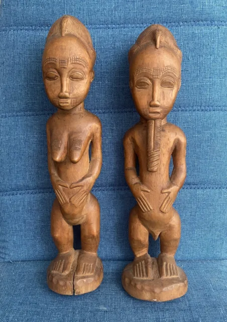Vintage Hand Carved Wooden Male And Female African Fine Art Baoule Côte d'Ivoire