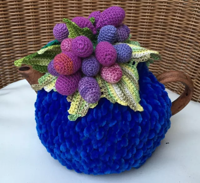 Handmade Tea Cozy Beautiful Grapes /Bright Blue Base From Ukrainian Designer