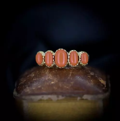 Coral Five Stone 18ct 18K Yellow Gold Gilded Ring Band | Antique Georgian Style