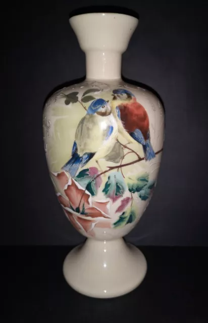 Victorian Opaline Cream Glass Blown Vase With Hand Painted Birds