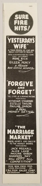 1923 Print Ad Silent Movies C.B.C. Film Sales NY "Yesterday's Wife" 2 Others