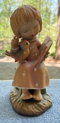 Vintage Anri Hand Carved Wooden 5 Inch Figurine The Choral Girl with Siong Bird