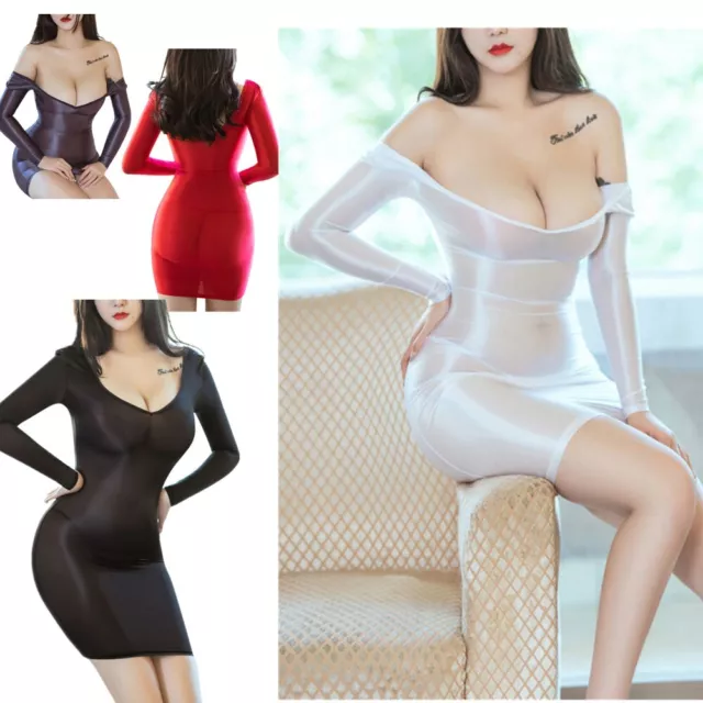 Womens Glossy Semi See Through Bodycon Dress Long Sleeve Dress with G-string