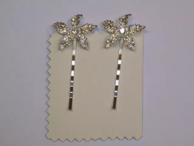 Silver Metal Bobby Pins Hair Clips Set 2 Rhinestones Floral Bud Flowers Pair Lot
