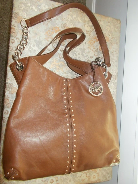 MICHAEL KORS Uptown Astor Dark Brown Leather Studded Hobo Handbag EXC