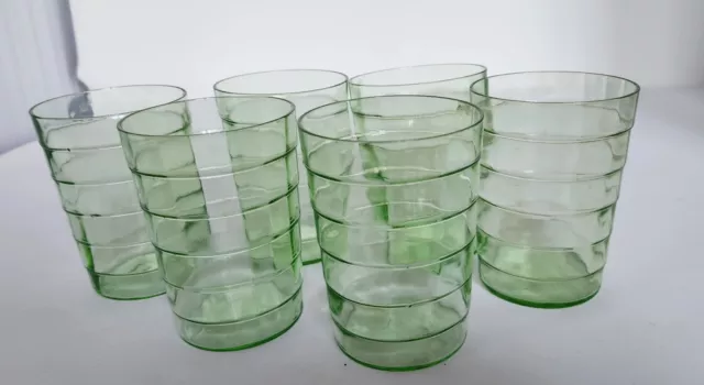 Vintage Vaseline Uranium Green Glass Drinking Glasses 4" Tall  (Set Of 6)