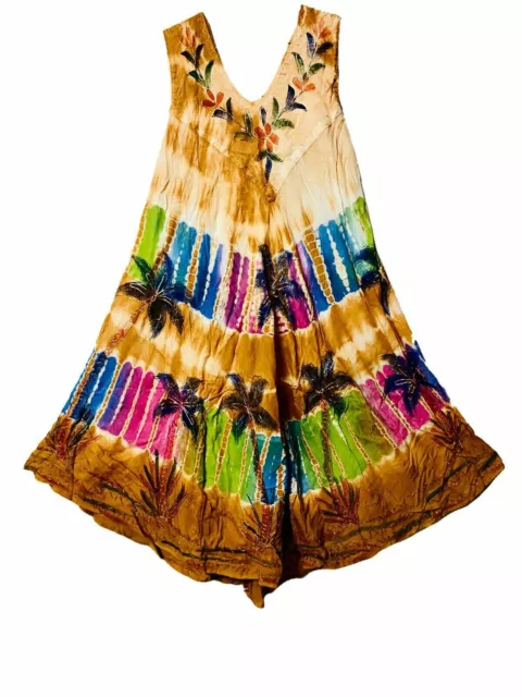 Women Umbrella Dress Ladies Summer Tie Dye Embroidery Beachwear Dress Top Brown