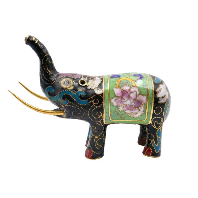 Cloisonne Elephant Figurine 4.25" Trunk Up Black Metal Vintage Missing Ears Tail