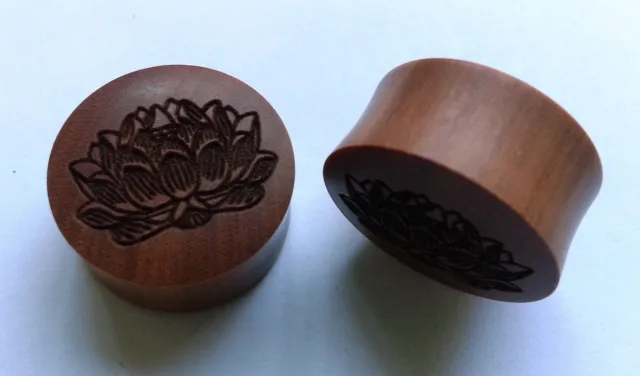 1 Pair ORGANIC HandCarved Hindu Om Lotus Saba Wood Saddle Ear Plugs Taper Gauges