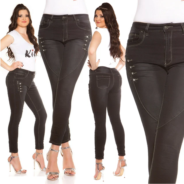 Jeans donna nero taglie forti curvy bottoni gioiello pantaloni nuovo