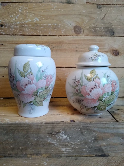Zwei Vintage Melba Ware rosa Pfingstrose Ingwer Gläser Staffordshire Keramik 1980er 1990er Jahre