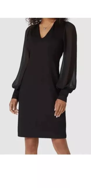 NWT Karen Kane Size M Women Black V Neck Chiffon Long Sleeve Shift Midi Dress